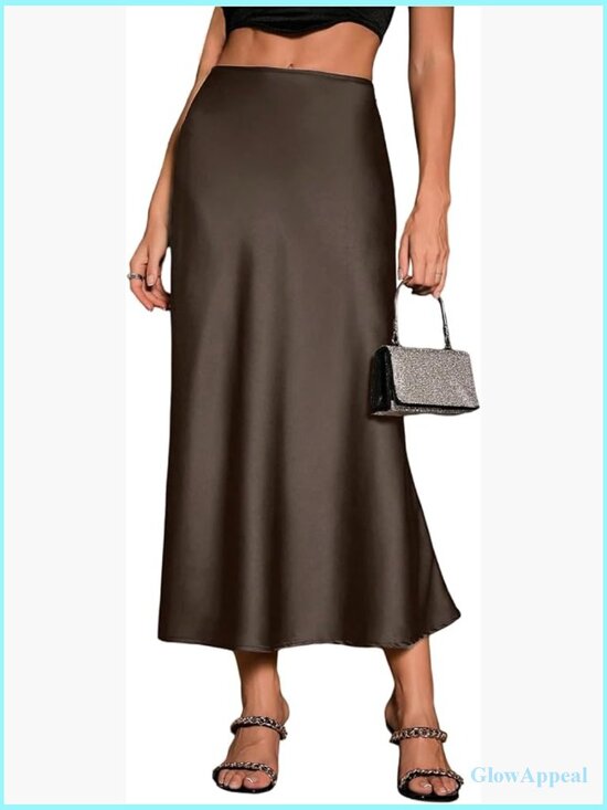Dresses & Skirts - High Waisted A-Line Satin Skirt with Side Zipper, Midi Long